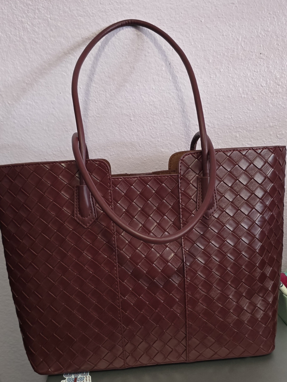 Woven Leather Tote Bag - Burgundy - Picture 1 of 6